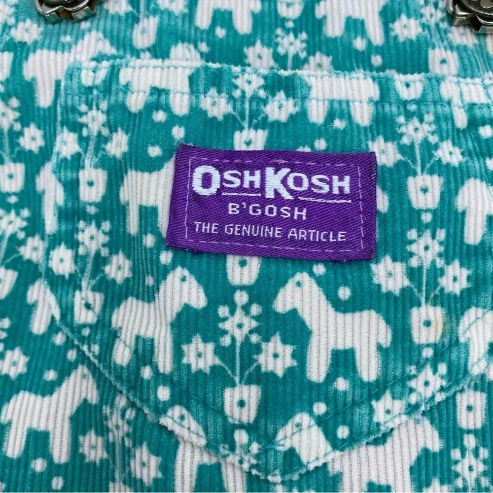 Vintage Oshkosh B'Gosh Corduroy Overall Dress Green Horse Pony‎ White Size 6